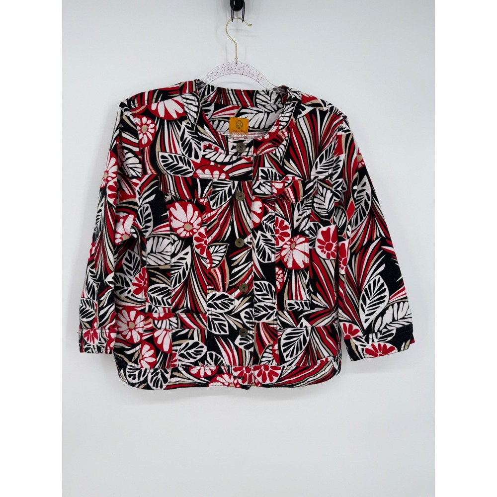 Ruby Rd Womens Jacket Floral Print Black Red White Button Front Blazer Sz 16